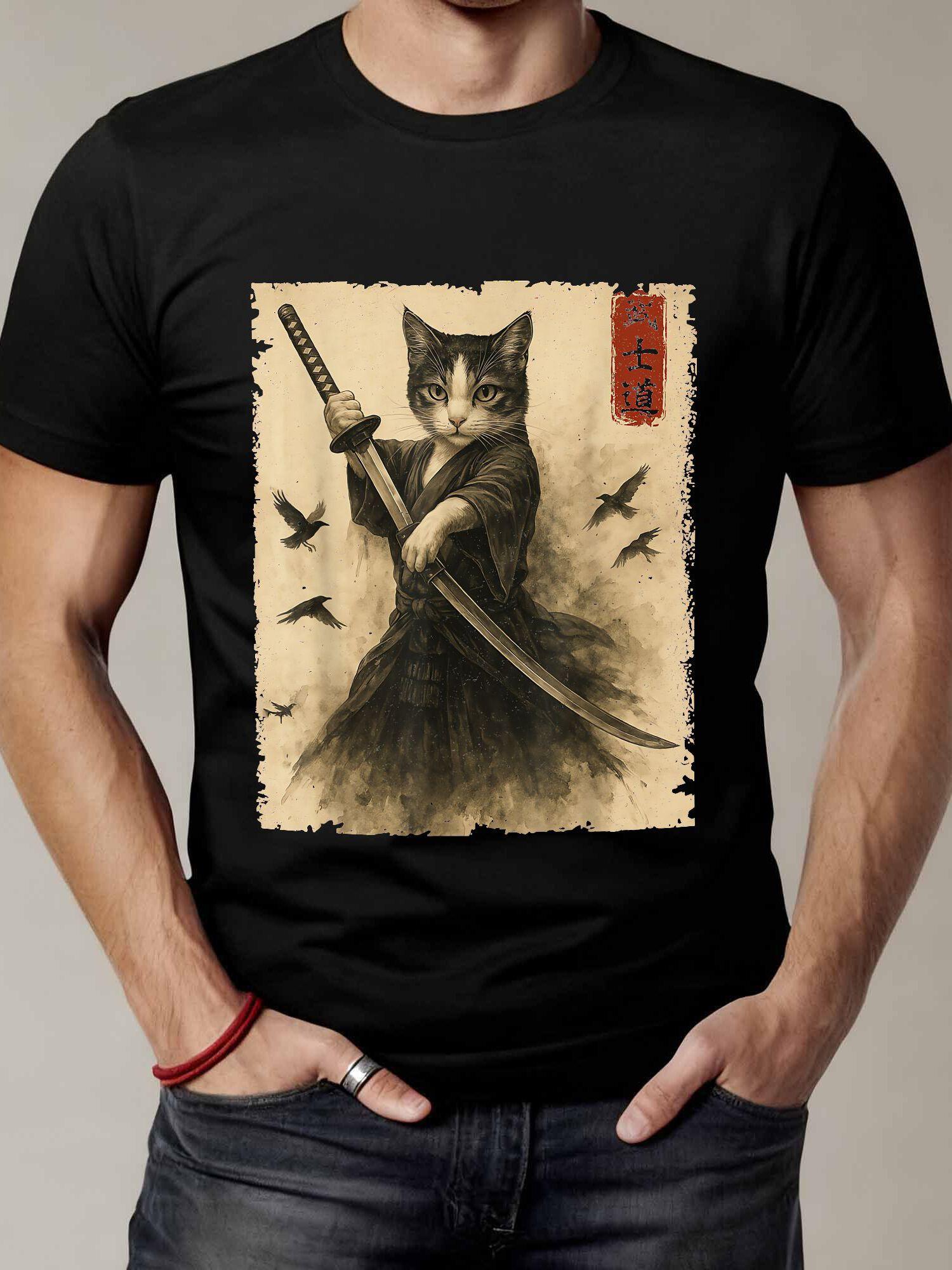 Collectible Vintage T Shirts - Vintage Samurai-Katzen-T-Shirt mit Ukiyo-E-Krieger-Kunst, geeignet für