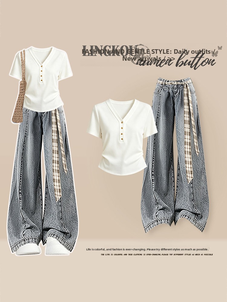 Collectible Vintage T Shirts - Lässiges Vintage-Set für Damen: Kurzarm-V-Neck-T-Shirt und