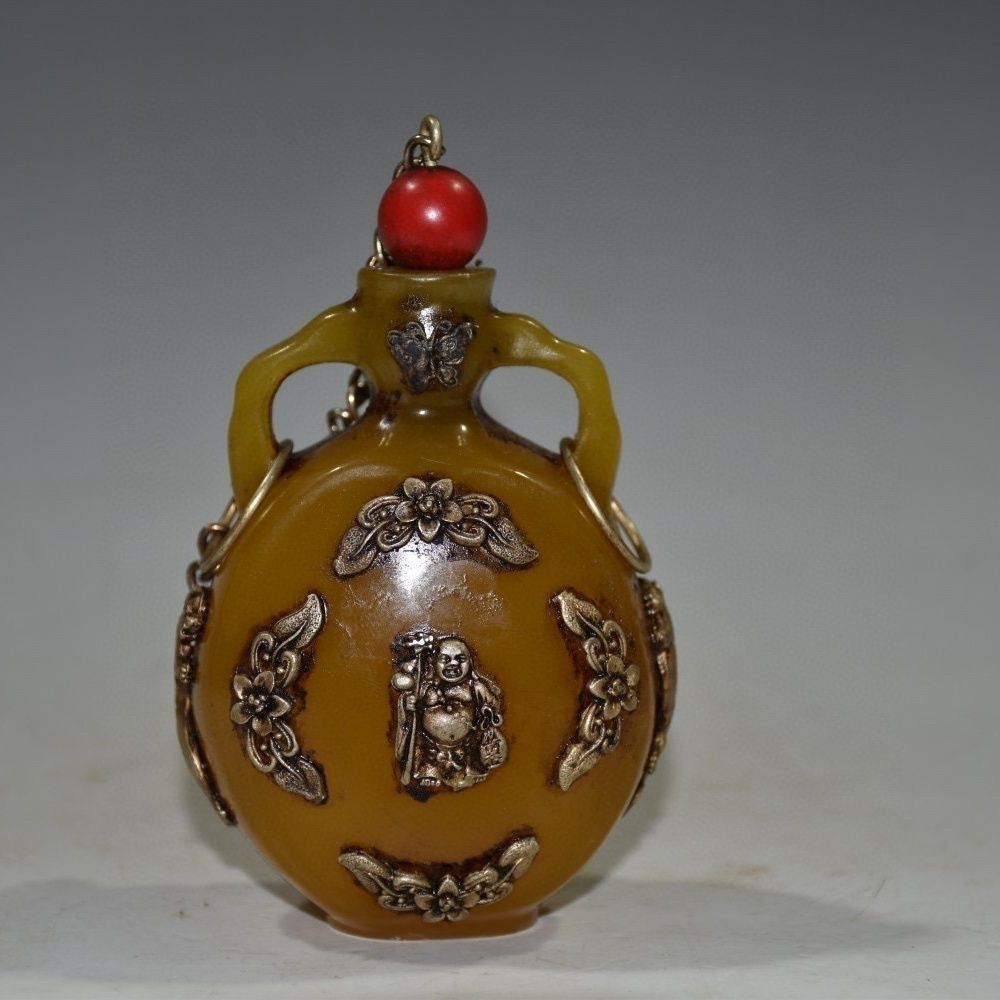 Vintage Collectible Bottles - Vintage Sammlerstück Geschnitzte Bernstein-Schnupftabakflasche mit Ornament
